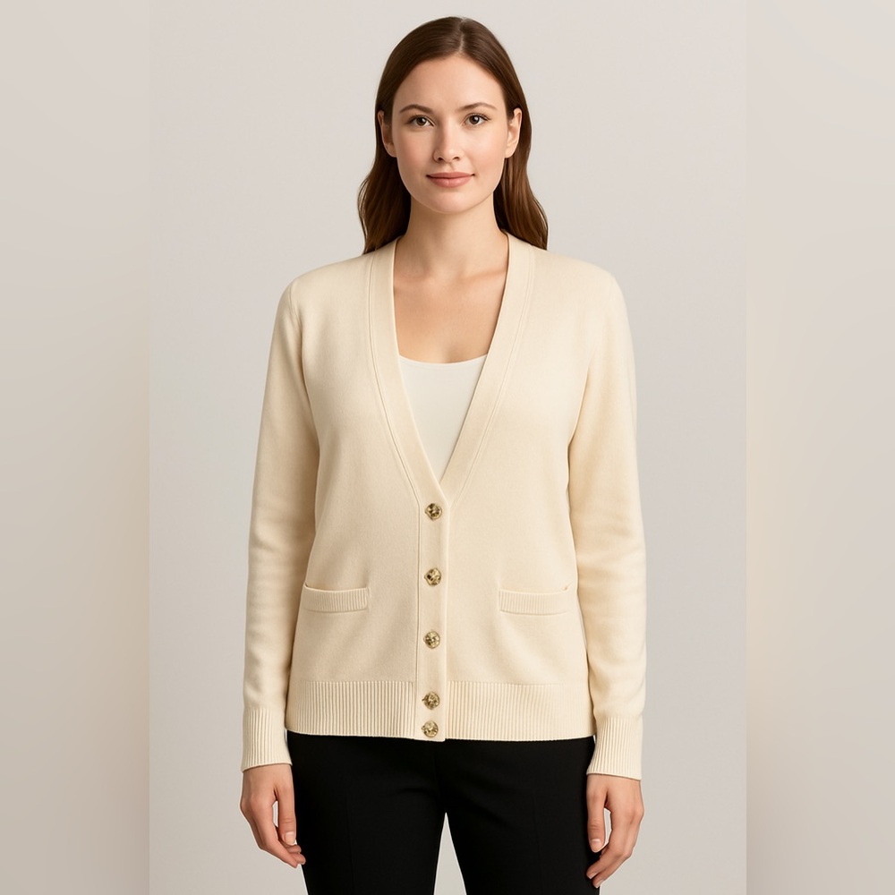 St. John Caviar Vintage Beige Knit Cardigan Gold Floral Buttons Classic Luxury M